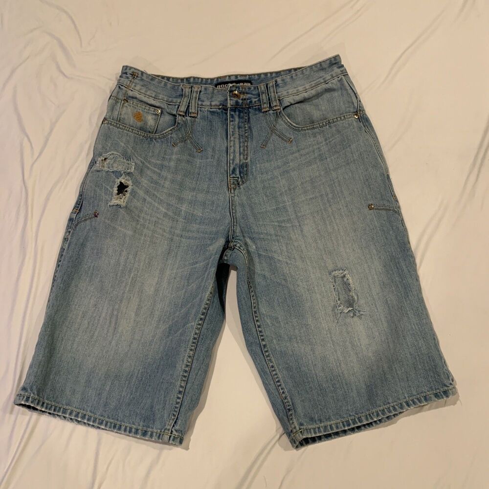VTG Rocawear Distressed Jean Shorts Mens 36 Blue Baggy Skater Grunge Denim Jorts